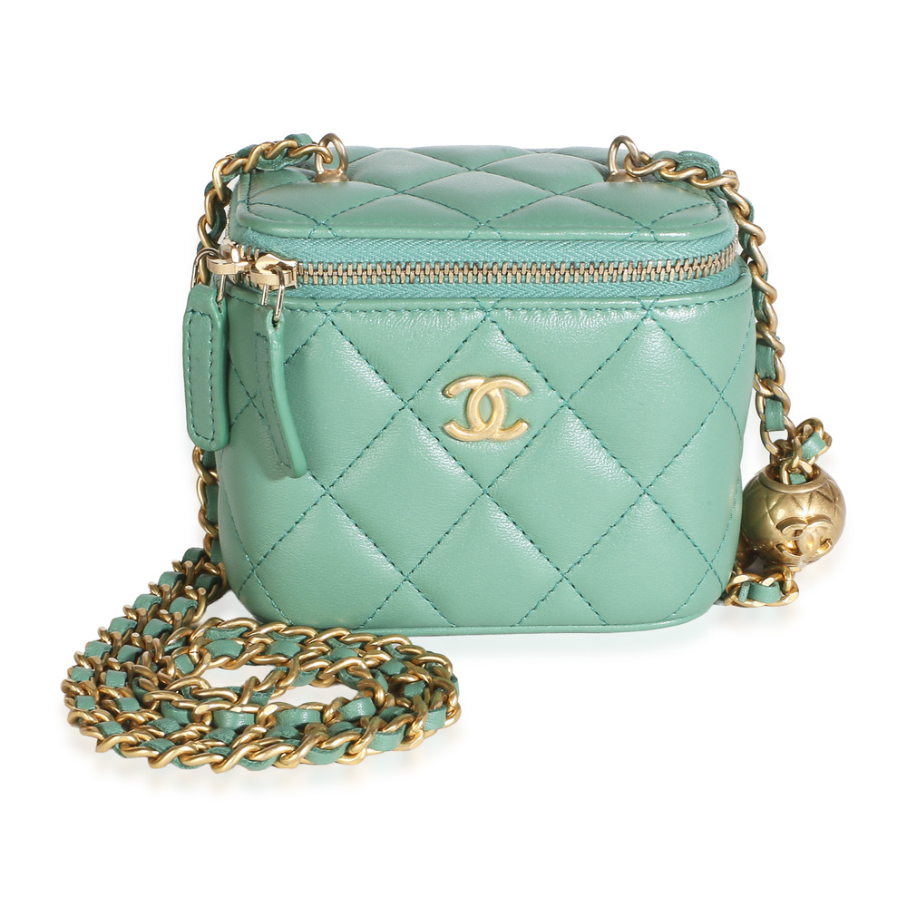 Chanel Green Quilted Lambskin Pearl Crush Mini Vanity Case With Chain